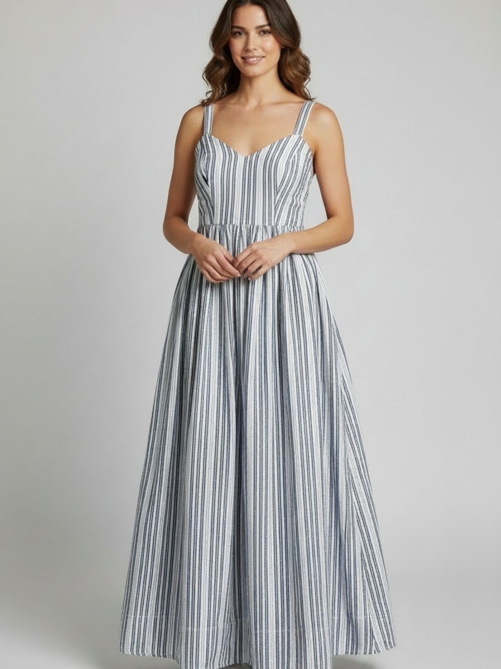 THE GREAT. Blue and White Striped Sweetheart Maxi Dress